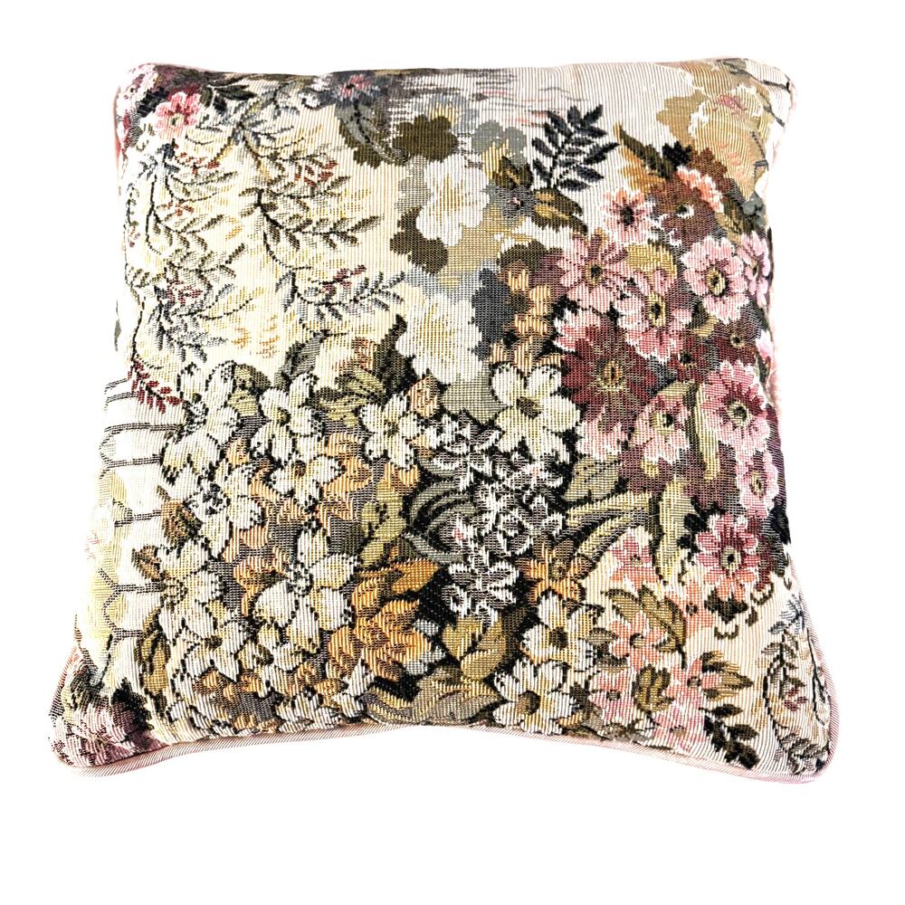 Vintage Tapestry toss pillow raw silk satin textured backing romantic cottage